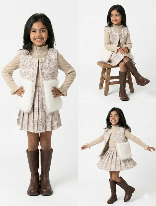 Girls Premium Tweed Jacket & Skirt Set with Faux-Fur Detail and High-Neck Inner