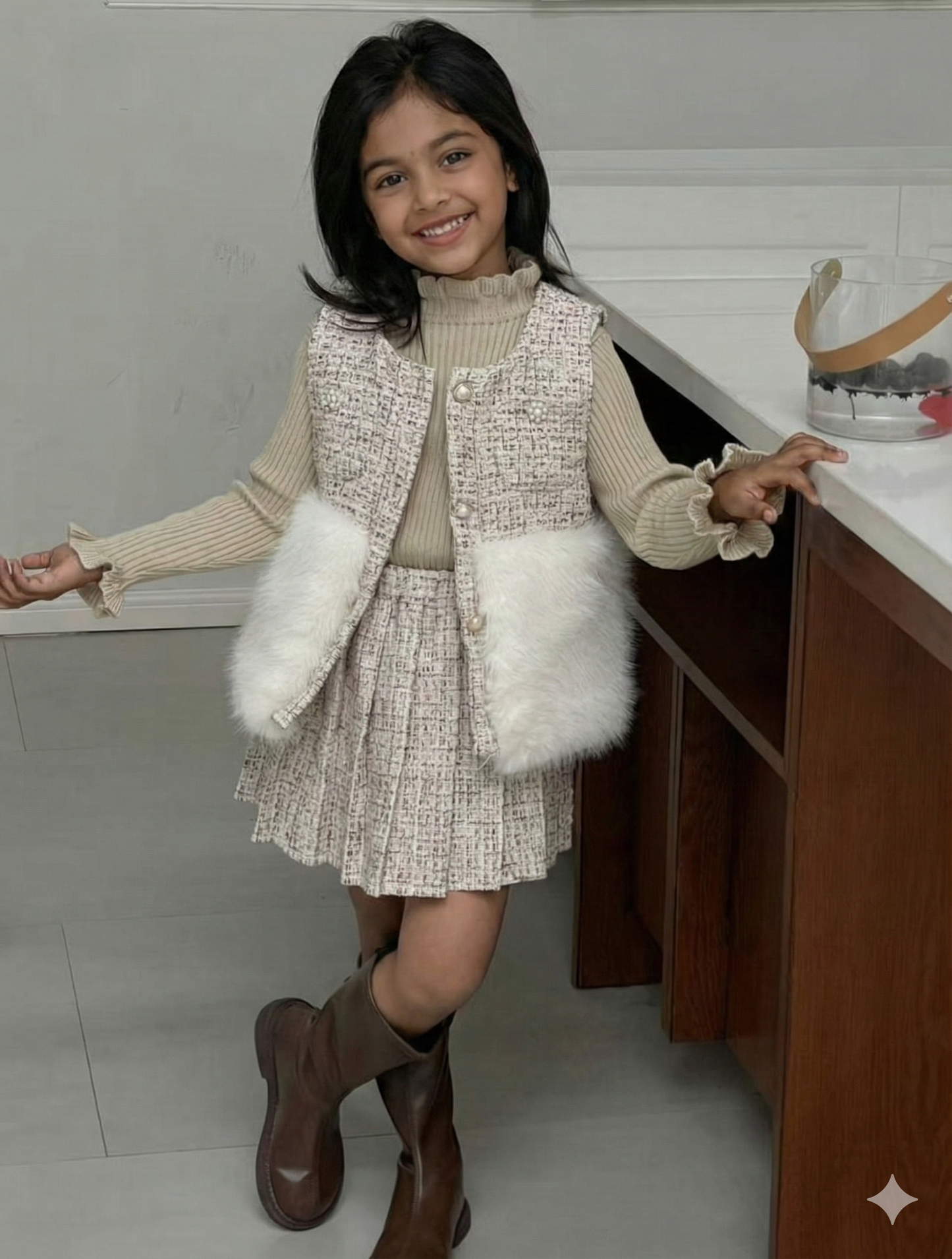 Girls Premium Tweed Jacket & Skirt Set with Faux-Fur Detail and High-Neck Inner