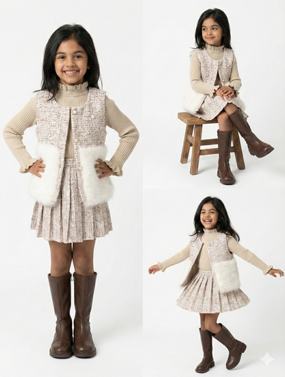 Girls Premium Tweed Jacket & Skirt Set with Faux-Fur Detail and High-Neck Inner