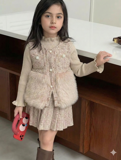 Girls Premium Tweed Jacket & Skirt Set with Faux-Fur Detail and High-Neck Inner