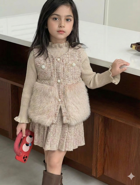 Girls Premium Tweed Jacket & Skirt Set with Faux-Fur Detail and High-Neck Inner