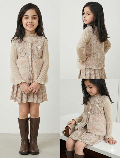 Girls Premium Tweed Jacket & Skirt Set with Faux-Fur Detail and High-Neck Inner