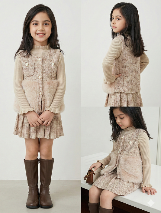 Girls Premium Tweed Jacket & Skirt Set with Faux-Fur Detail and High-Neck Inner